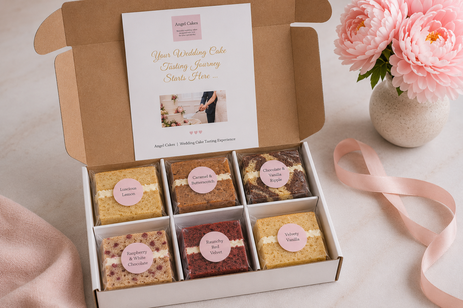 Angel Cakes taster box beautifully presented with cake samples