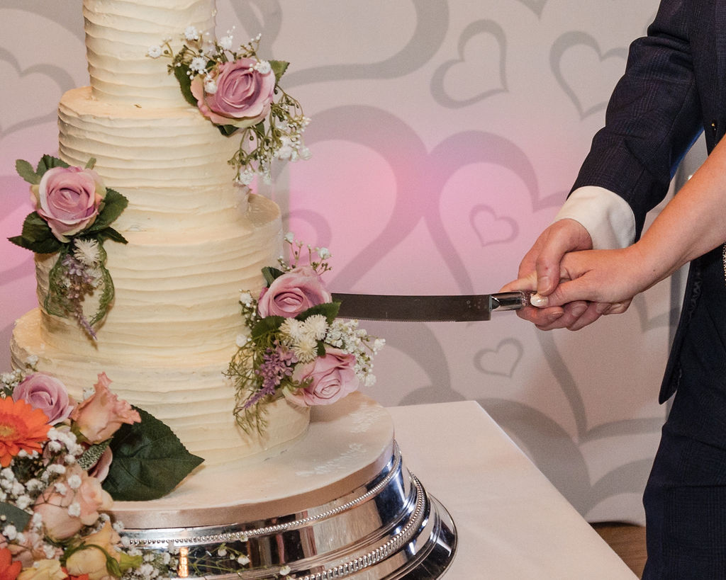 Couple cutting their Angel Cakes wedding cake on their wedding day