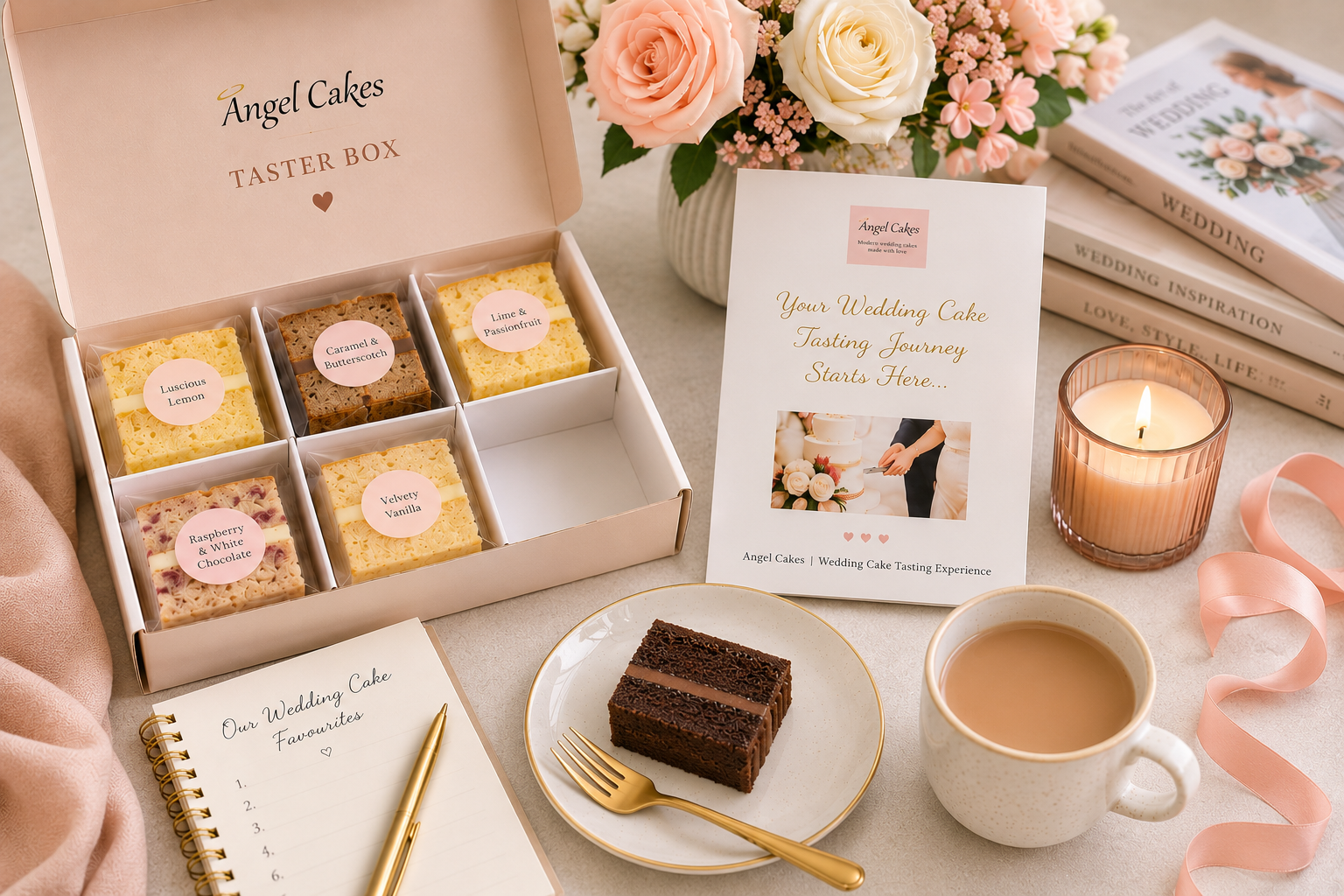 Angel Cakes taster box open with six labelled cake samples