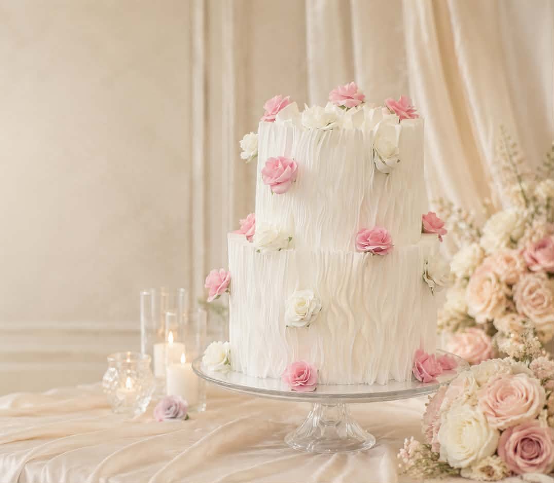 Two-tier textured white wedding cake with pink and white roses, displayed with candles and a bouquet of fresh flowers